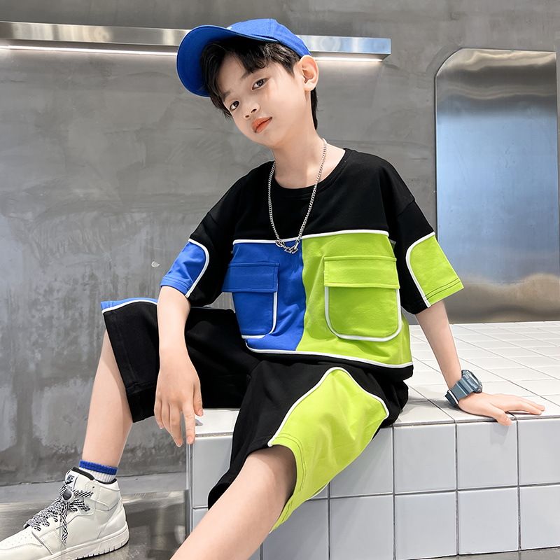 Mother & Kids children's clothing boys casual short-sleeved color matching suits for medium and large children two-piece suits cross-border delivery_voghion.com