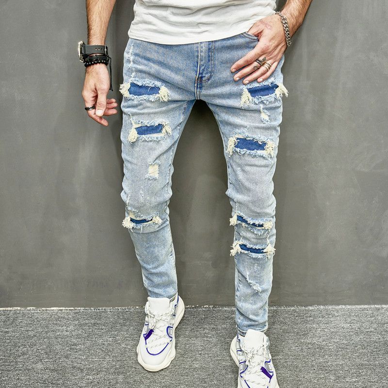 Denim American High Street Fashion Marke mit gebrochenen Löchern und elastischen Füßen Jeans für Herren Slim Fit_voghion.com