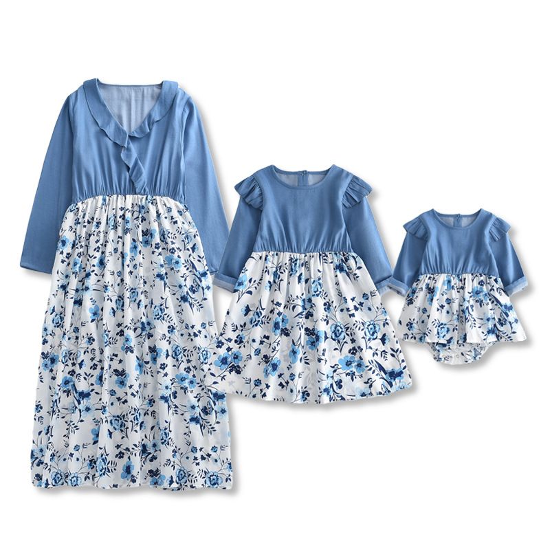 Mother & Kids Fashion parent-child outfit ruffled long-sleeved mother and daughter series dress autumn new flower print patchwork skirt_voghion.com