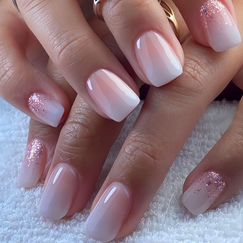 24 piezas de uñas cuadradas cortas con degradado blanco, superficie brillante simple, uñas postizas de moda con brillo, piezas de uñas de uso avanzado_voghion.com