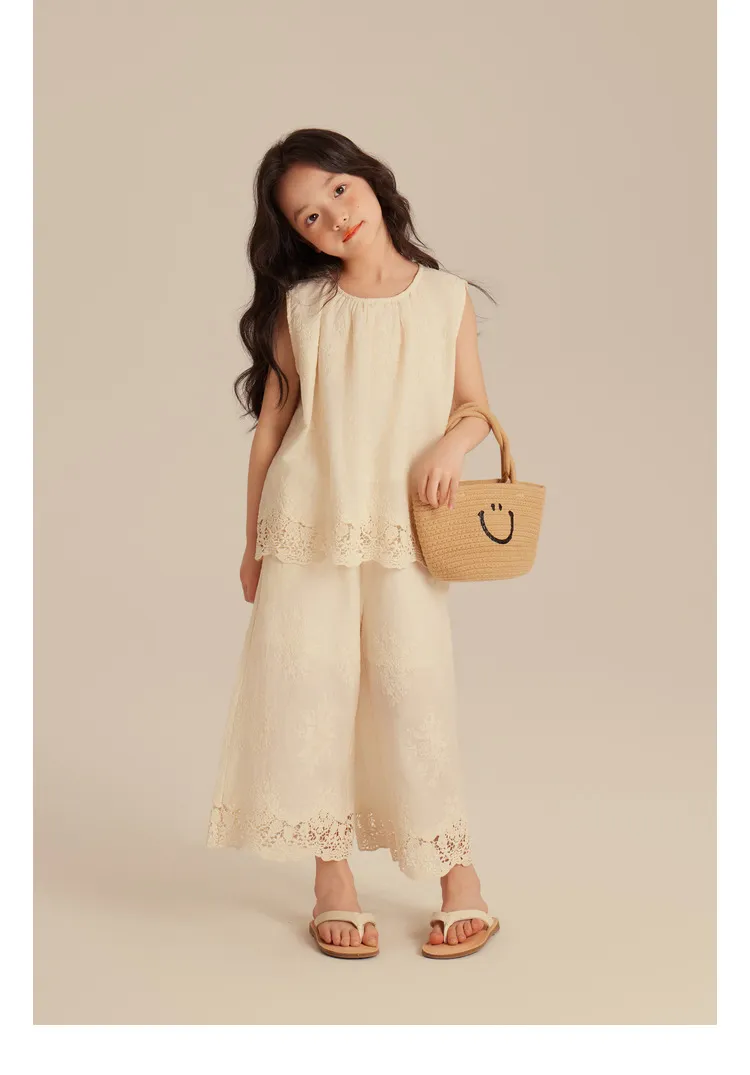 Bērnu apģērbu mežģīņu topi un bikses Jauns bērnu vasaras meža temperamenta maigs uzvalks_voghion.com