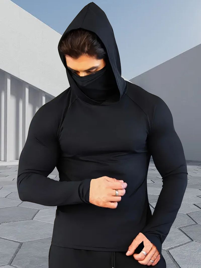 Herrenbekleidung, Sport, eng anliegende Formmaske mit Kapuze, einteilig, langärmelig, Laufen, Outdoor-Sport, atmungsaktiv, schnelltrocknende Kleidung_voghion.com