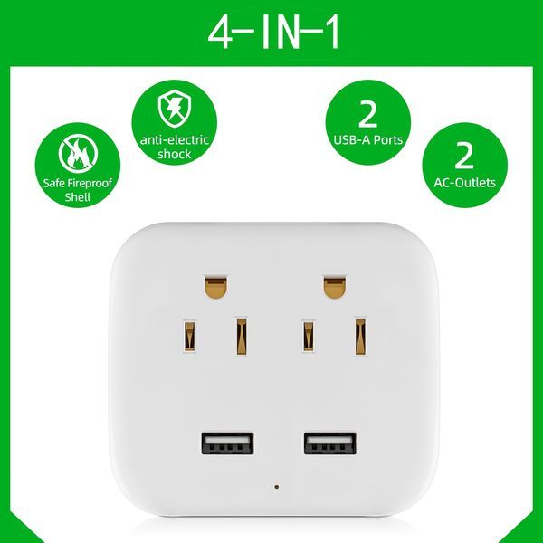 Multiple Outlet Extender Adapter With 2 AC Outlet Splitter And 2 USB Charger Wall Charger White_voghion.com