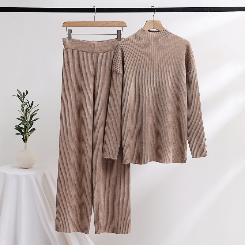 Damenbekleidung Lässiger, einfarbiger, lockerer Pullover mit weitem Bein, Hose, gestricktes zweiteiliges Set_voghion.com