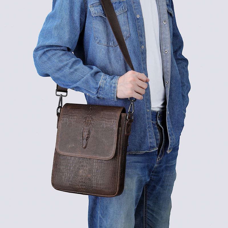 First Layer Cowhide Retro Cover Shoulder Bag Crocodile Pattern Genuine Leather Men's Messenger Bag_voghion.com