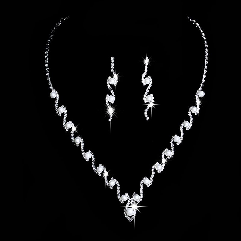 Damen-Schmuckset, modisch, beliebt, für Hochzeitsfotografie, Damen, Perlen, Diamant/Strass, Silber, Halskette, Ohrringe, Armband, Damen-Set_voghion.com