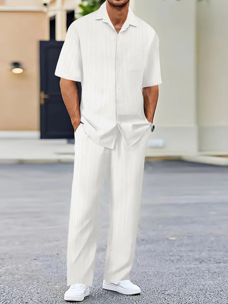 Unbeatable Quality New Men's Collar Solid Color Short Sleeved Shirt With Drawstring Pants Set In European Size_voghion.com