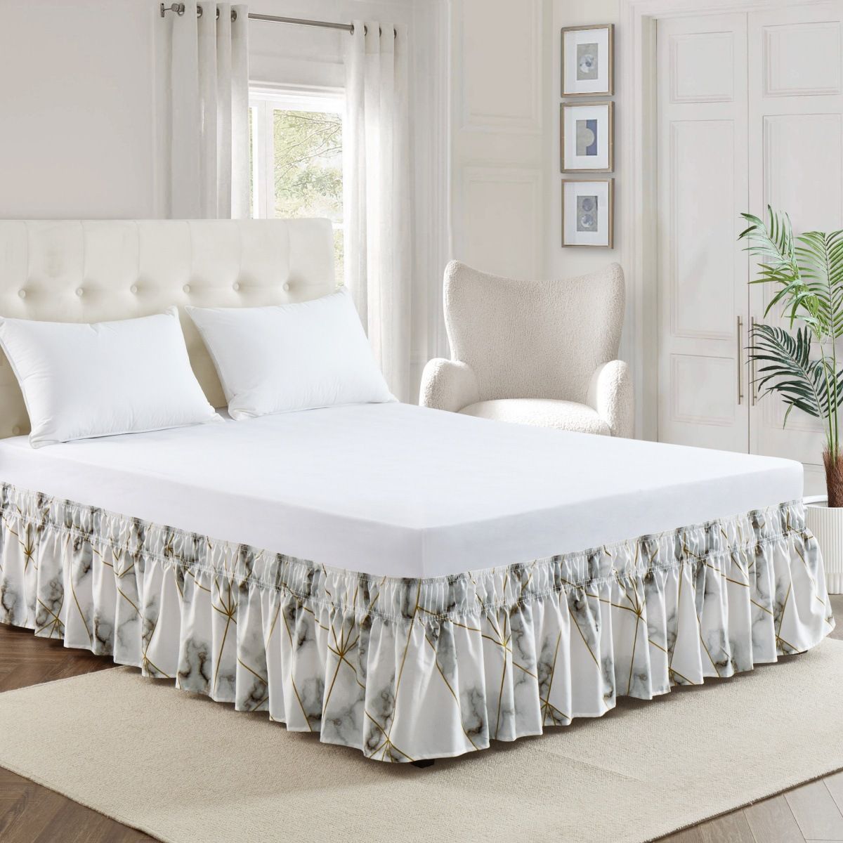 Platinum Gold Marble Bed Skirt - Elastic Ruffle Bedding Wrap For Hotel & Home (Single Piece, Premium Quality)_voghion.com