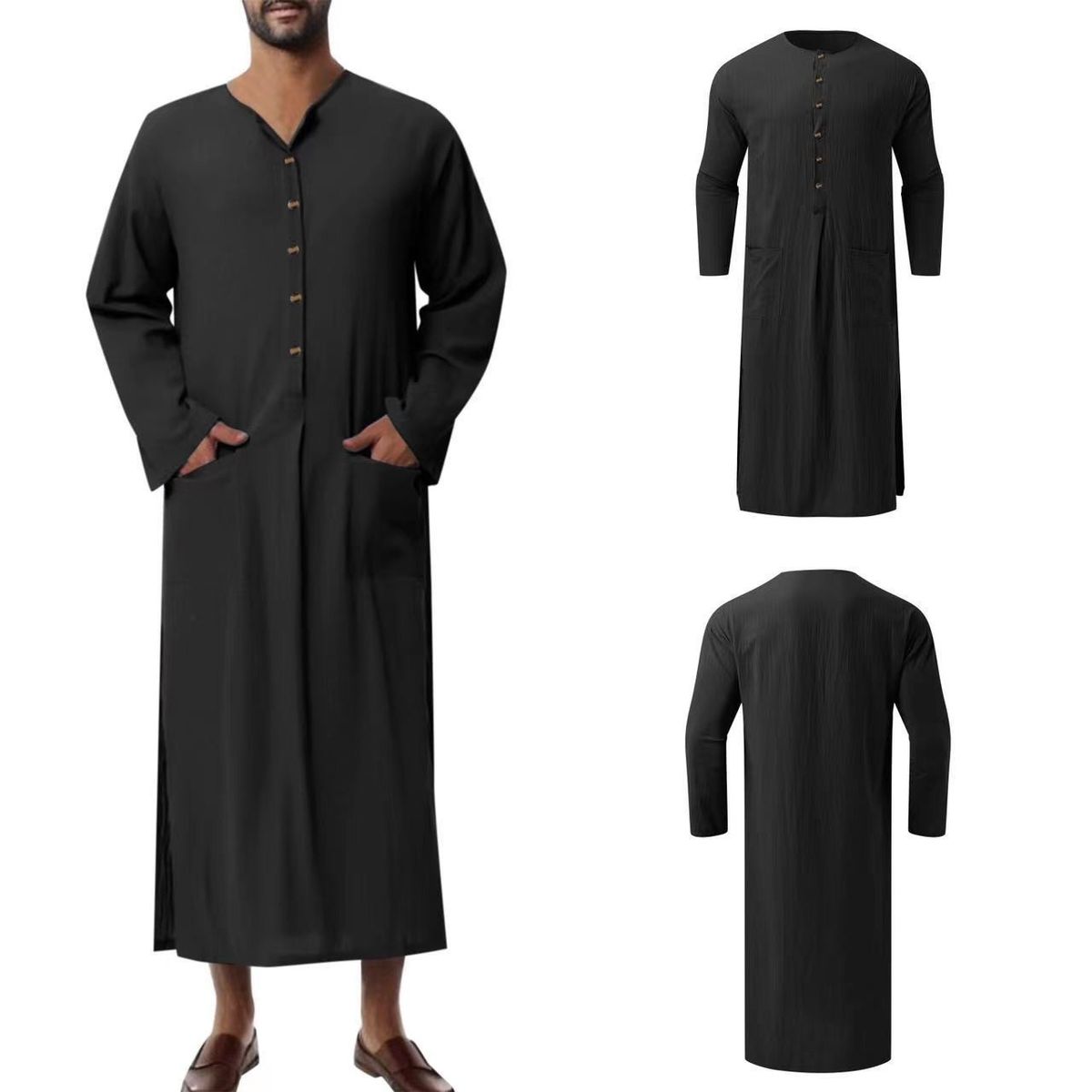 Herrenbekleidung Herren Lose Gestreifte Stehkragen Langarm Muslim Robe Sweatshirt Pocket Style Robe_voghion.com