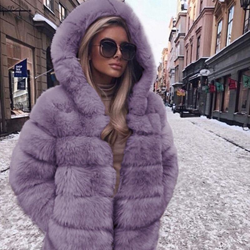 Women's Clothing Autumn and winter new women's mid length swing hood   fur jacket top women's plush warm jacket_voghion.com