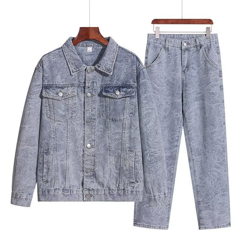 Herrenbekleidung Alter Retro gewaschener Jeansanzug Lose Jacke Mantel Lässiger Zweiteiler Anzug Trendy_voghion.com