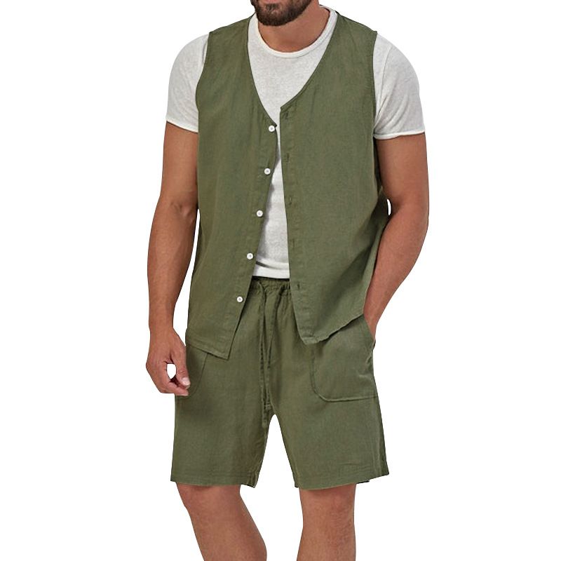 2024 sommer Neue Weste Zwei Stück männer Casual Set Einfarbig Mode Große_voghion.com