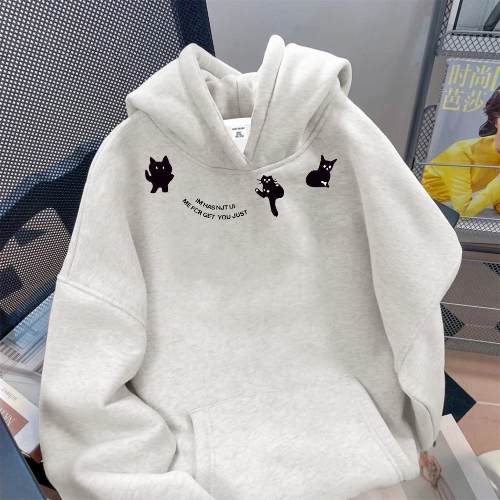 Moletom com capuz estilo americano 2025, sem bolinhas, para mulheres, com estampa de gato, top de inverno com forro de lã, moderno_voghion.com