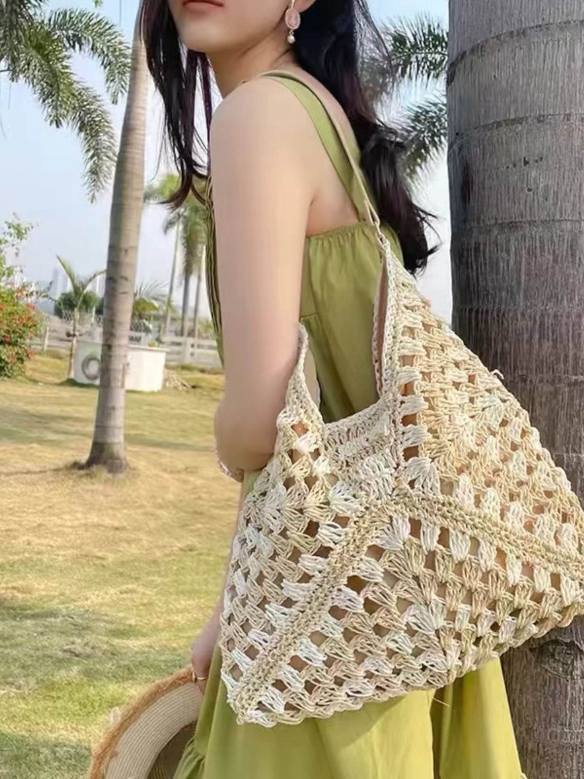 Καλοκαιρινή Νέα Αναψυχή Ταξίδια, Μικρή Βάση, Κοίλη Τσάντα Tote με Έναν Ώμο από Χόρτο, Ευέλικτη Γυναικεία Τσάντα_voghion.com