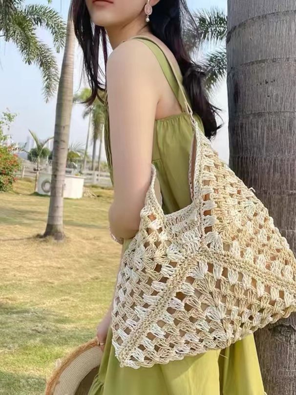 Καλοκαιρινή Νέα Αναψυχή Ταξίδια, Μικρή Βάση, Κοίλη Τσάντα Tote με Έναν Ώμο από Χόρτο, Ευέλικτη Γυναικεία Τσάντα_voghion.com