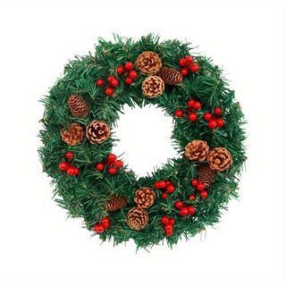 24 Inch 30 LED Prelit Christmas Wreath Artificial Christmas Wreaths For Front Door 160 Branches 5 Pinecones 30 Red Berried Battery Oper_voghion.com