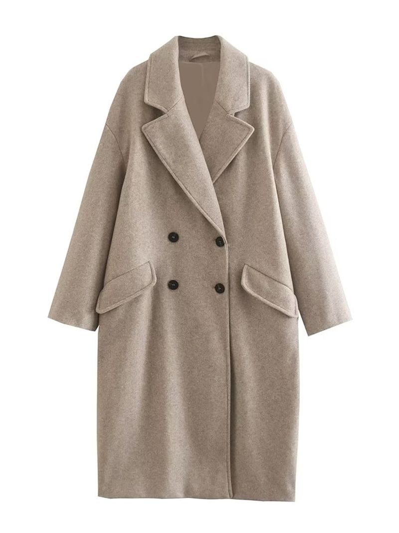TRAF Γυναικεία μόδα Oversized μάλλινο παλτό με διπλό στήθος Vintage μακρυμάνικο τσέπες με πτερύγιο γυναικείο πανωφόρι κομψό πανωφόρι_voghion.com