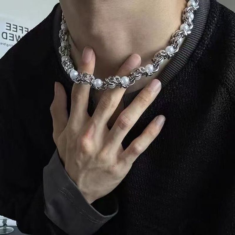 Titanium Stainless Steel Layered Cuban Trendy Snake Series Pearl Choker Sweet Cool Ins Style Necklace_voghion.com