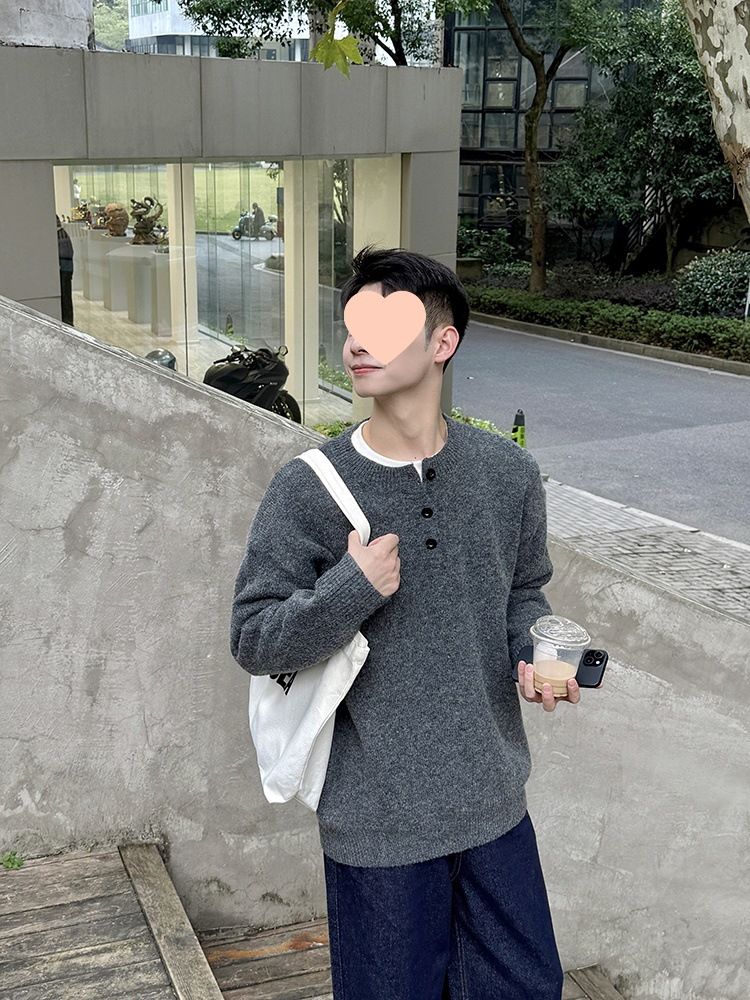 Pull col Henry uni à boutons, tricot pour homme, nouveau style, décontracté, coupe ample, printemps-automne 2025_voghion.com