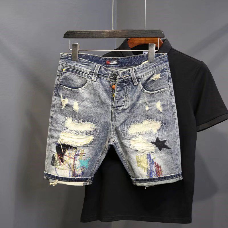 Men's Clothing Denim Shorts Men's Trendy Scratched Patch Beggar 5 Point Pants Internet Celebrity Douyin Light Colored Trendy Brand Summer_voghion.com