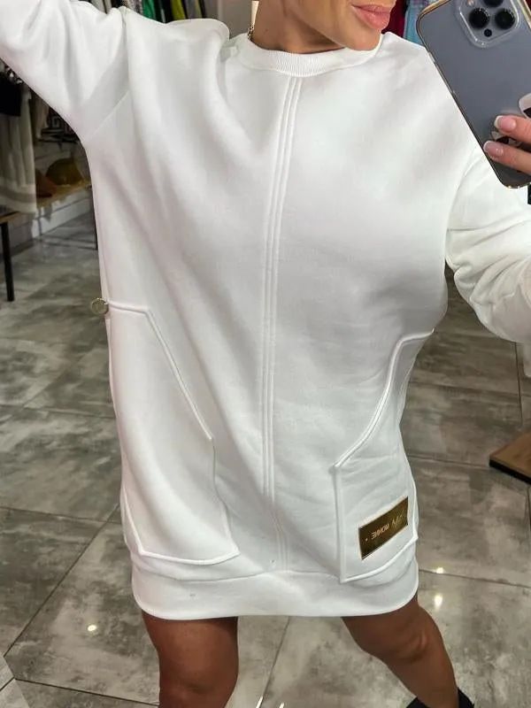 Übergroßes Strickpulloverkleid mit Taschen – Langarm, A-Linie, lässige Tunika (Schwarz/Pink/Weiß/Beige, S-XXXL)_voghion.com