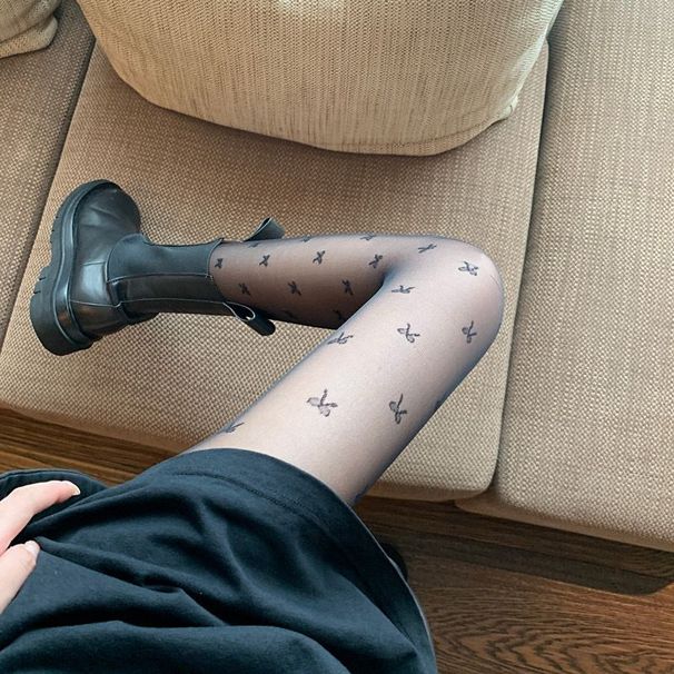Spring Summer Bowknot Lolita Sexy Black Silk Jacquard Stockings Sheer Tights Pantyhose_voghion.com
