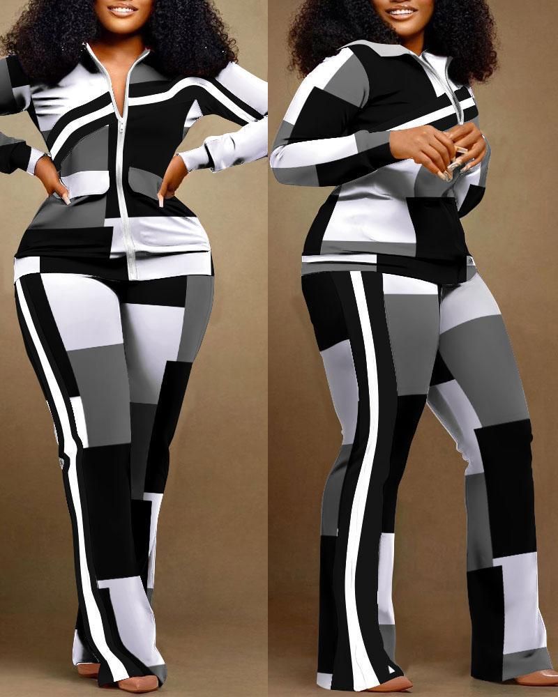 Women's sports casual geometric contrast color stitching fashion two-piece suit_voghion.com