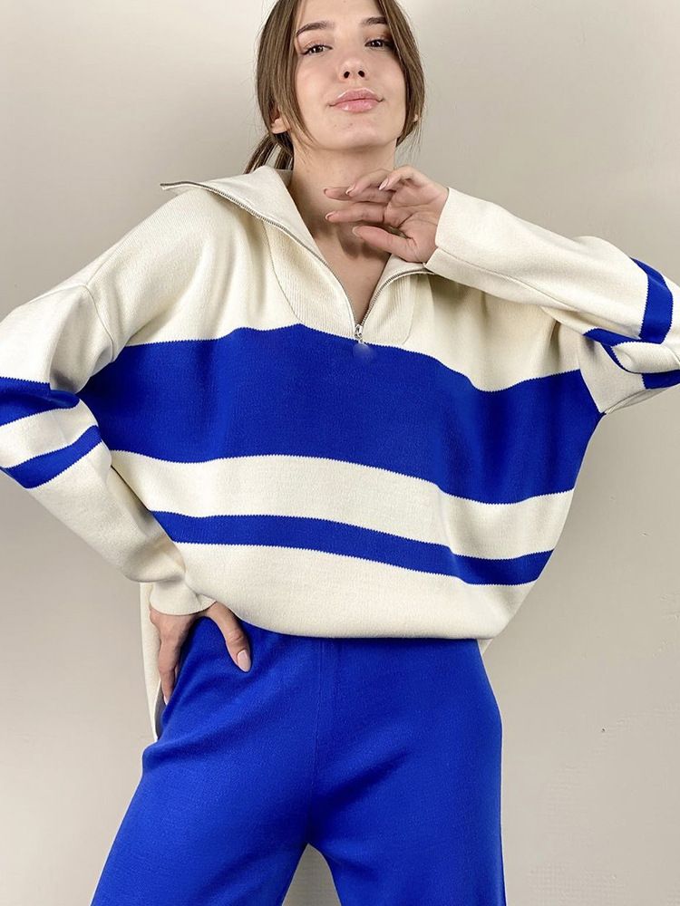 Women's solid color zipper top pant leg casual two-piece set_voghion.com