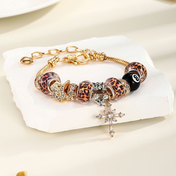 Bracciale con ciondolo leopardato placcato in oro per donna, bracciale con perline in zirconia cubica a forma di croce e stella, gioielli boho audaci e accattivanti_voghion.com
