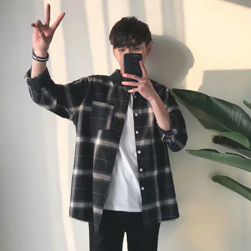 Spring and Autumn Checkered Long Sleeve Trendy Korean Version Loose New Ins Hong Kong Style Men's Robe Handsome Shirt_voghion.com