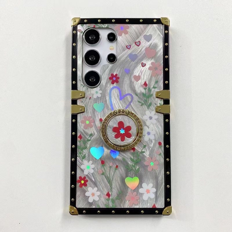 For Samsung S22 S23 S24 Plus Ultra FE A33 A53 A73 A25 A34 A54  Laser Flower Diamond Ring Holder Stand Square Phone Case Cover_voghion.com