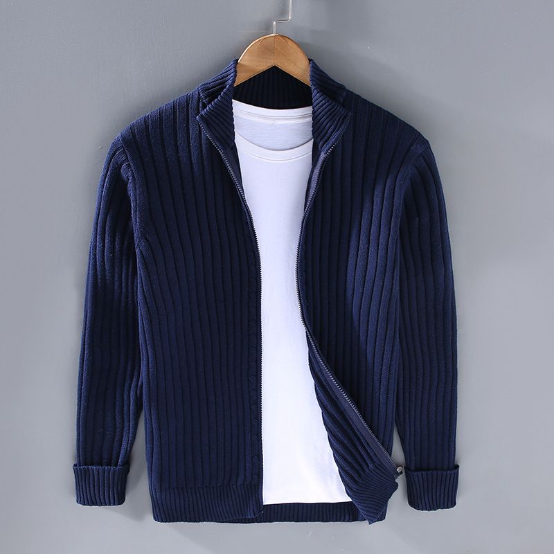 Men's Zip-Up Knit Sweater – Stretchy Cotton, Loose Fit, High Collar, Casual & Warm Pullover (Black, Grey, Navy)_voghion.com