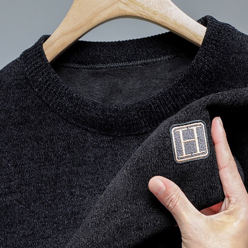 Maglione da uomo foderato in pile con scollo rotondo in ciniglia, caldo pullover in maglia per uomo_voghion.com