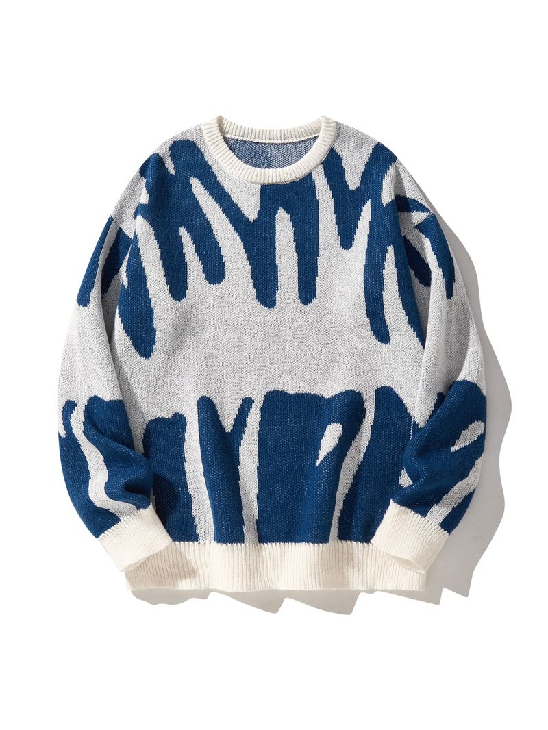 Neue Beliebte Herbst Winter Unregelmäßige Jacquard Muster Pullover Pullover Lässig Rundhals Ausschnitt Kontrast Farbe Gestrickt Herren Pullover_voghion.com