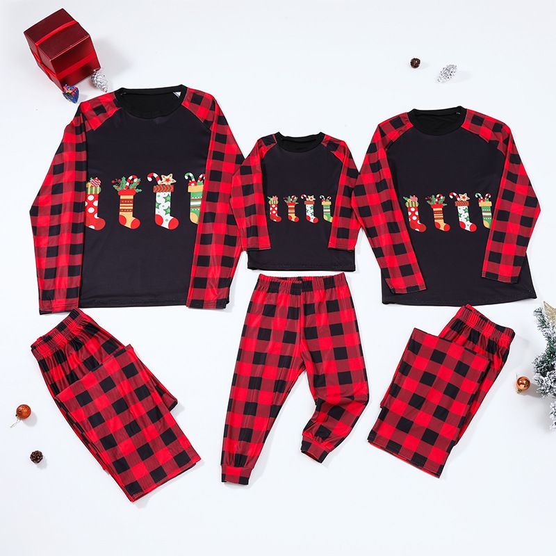 Underwear & Sleepwears Christmas socks print parent child suit home clothes atmosphere family wear red and black grid  Christmas parent child clothes_voghion.com