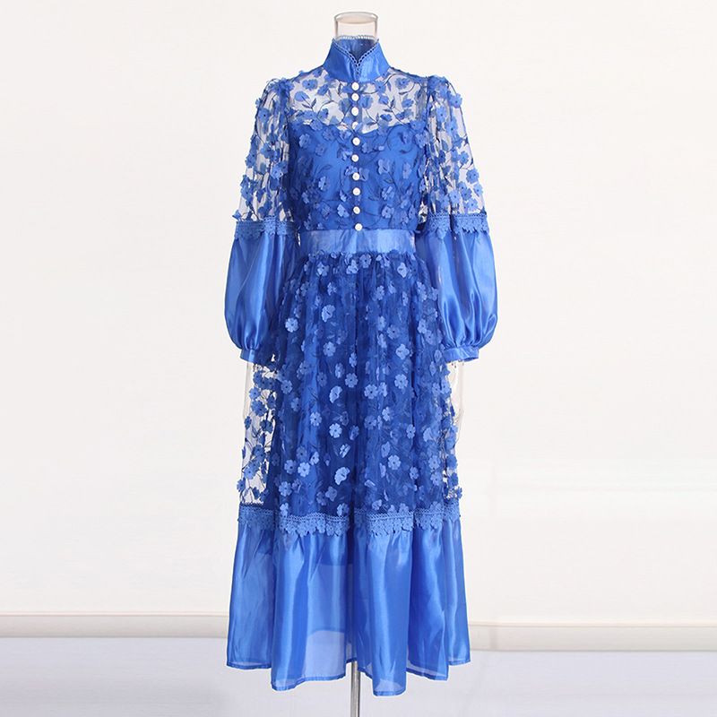 Elegant Socialite-Stil Neie Stil Stand-up Kraang Mesh Duerchsiichteg Puffärmel dräidimensional Blummen-Mesh Kleed fir Fraen_voghion.com