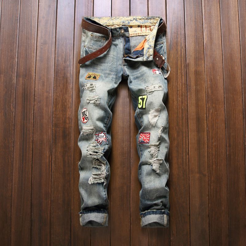 Jean déchiré pour homme, coupe droite, pantalon rayé, style européen, tendance, commerce extérieur, délavé de haute qualité_voghion.com