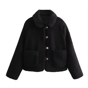 Women's solid color lapel fleece short jacket lambswool jacket _voghion.com
