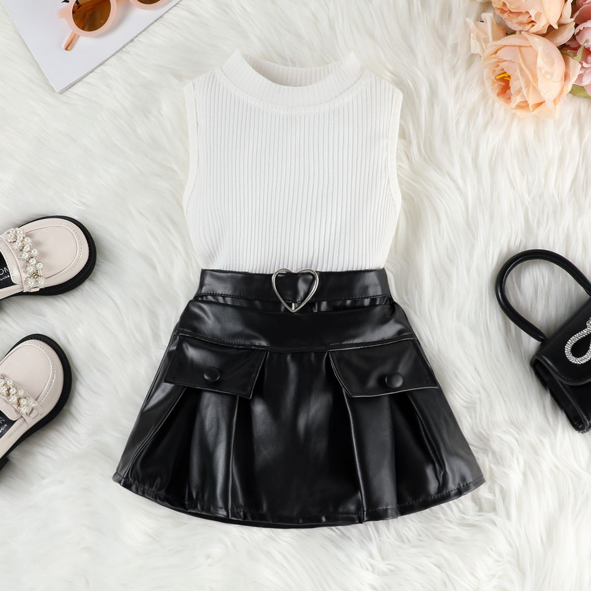 "Toddler Girls' Ribbed Vest & PU Skirt Set – Soft Cotton Play Outfit With Adjustable Waist (90-130cm)"_voghion.com