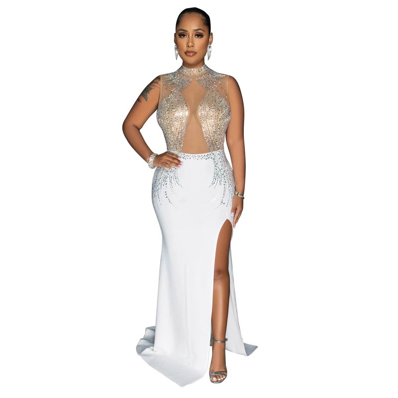 Women's Clothing fashion women's solid color mesh rhinestone slit long skirt dress_voghion.com
