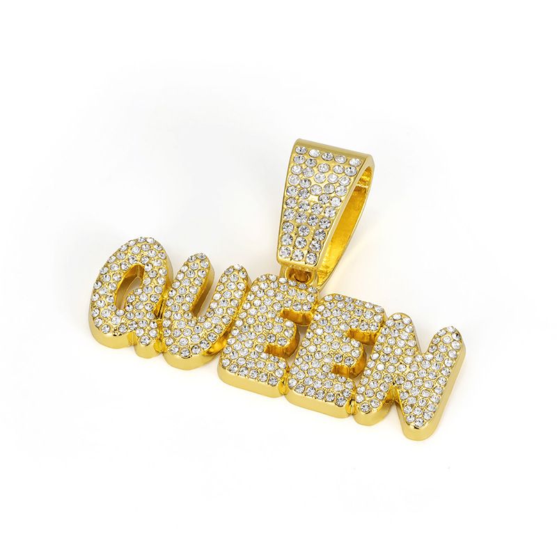 QUEEN Letter Hip Hop Pendant - Full Diamond Large Buckle Head Charm, Compatible With Cuban Chain Necklace_voghion.com