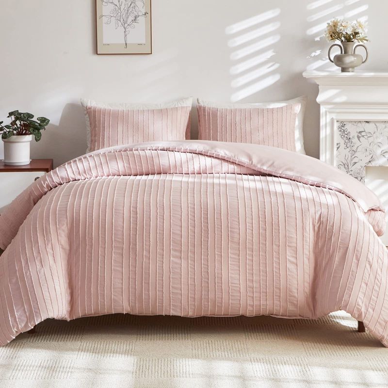 Parure de lit de luxe à motif géométrique nordique – Polyester brossé ultra doux, motif drap-housse, rayures blanches et roses (tailles Twin/Full/Queen/King/EU)_voghion.com