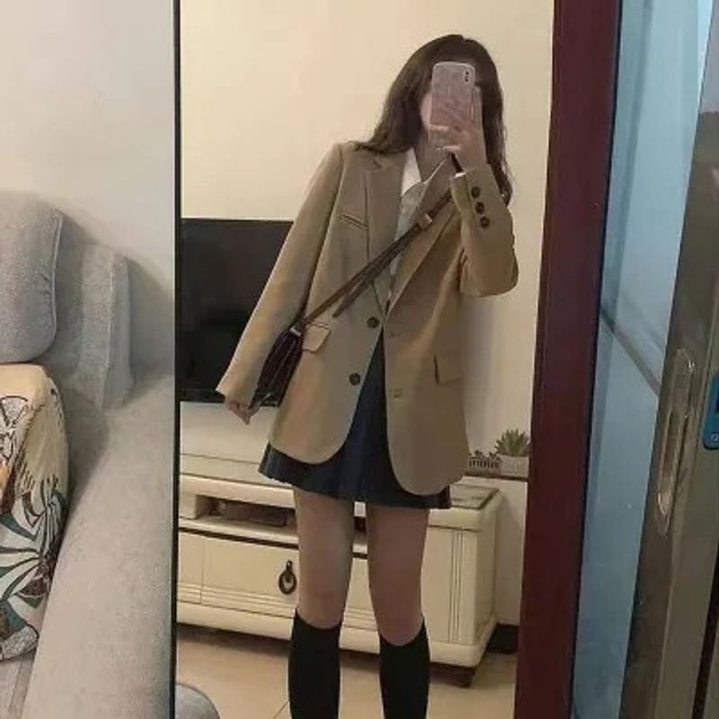 Korean college style petite brown jacket for women in spring autumn 2024, loose and slimming British casual suit_voghion.com