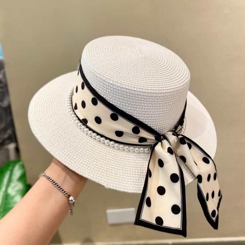 Japanese Simple Polka Dot Hat Women's Summer Sunshade Sun Protection Holiday Beach Hat French Flat Top White Top Hat Travel_voghion.com