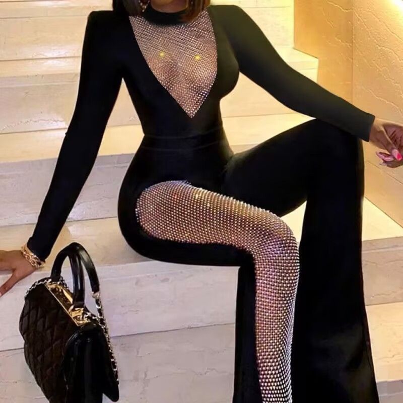 Women's Clothing Fashion Slim Mesh Hot Diamond Splicing Jumpsuit_voghion.com