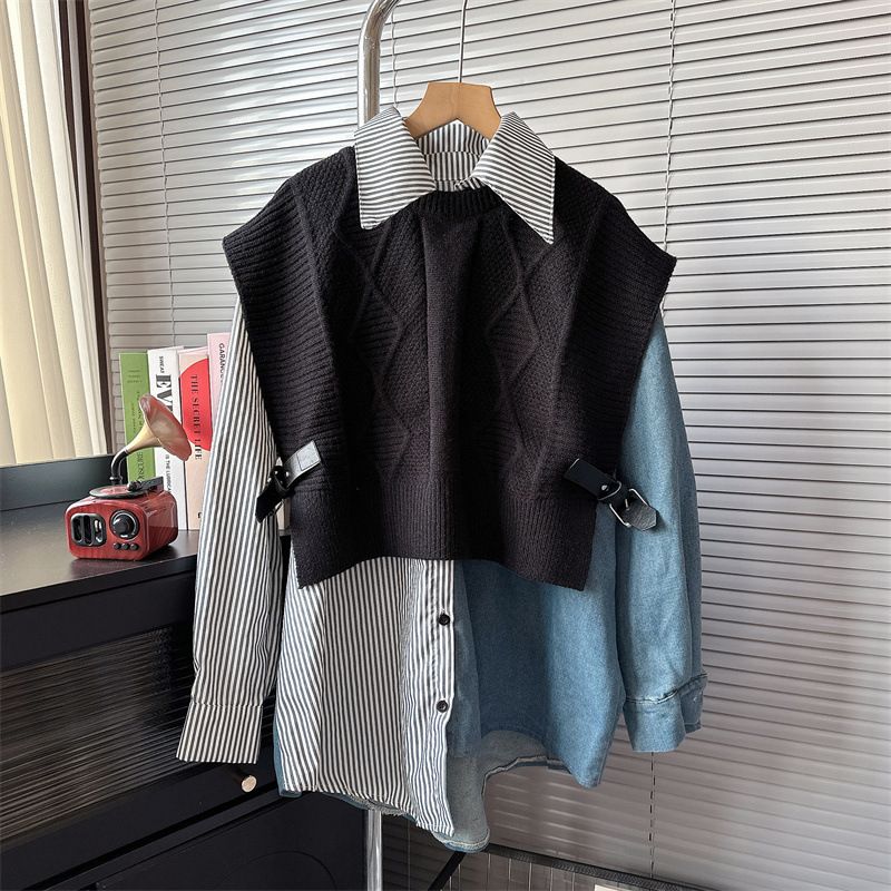 Women's Clothing Designer sweater vest suit women 2024 autumn and winter new loose denim shirt fashion two piece suit_voghion.com