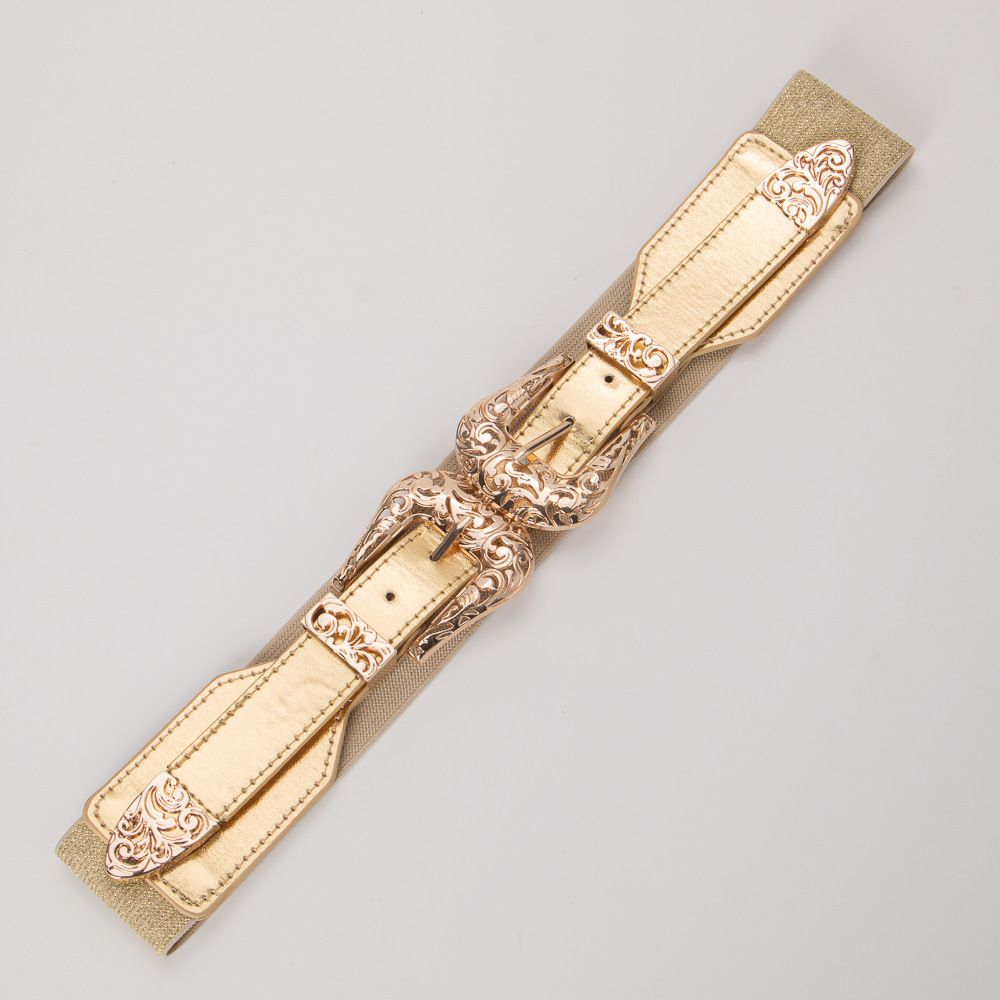 Cintura larga elastica regolabile con fibbia doppia, versatile, per le donne_voghion.com