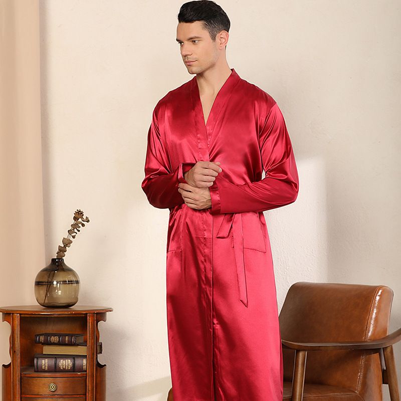 Cross-border men's solid color kimono robe thin cardigan nightgown loose large size long sleeve spring and autumn glossy bathrobe_voghion.com