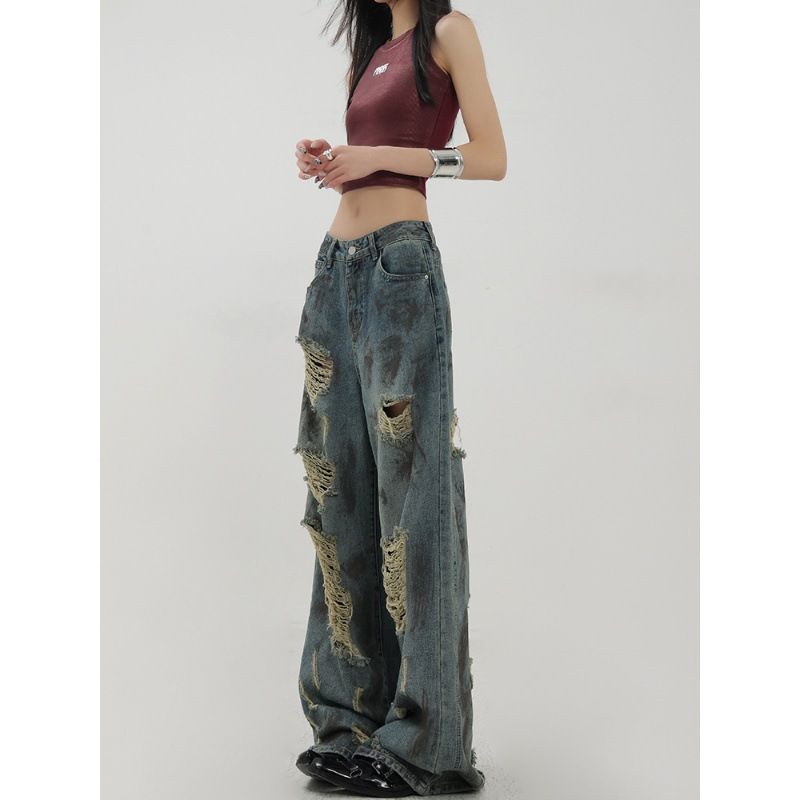 Abandoned Soil Style Splashed Ink Ripped Jeans For Women's Spring And Summer New Design Sense, Low Waist Slimming, Wide_voghion.com