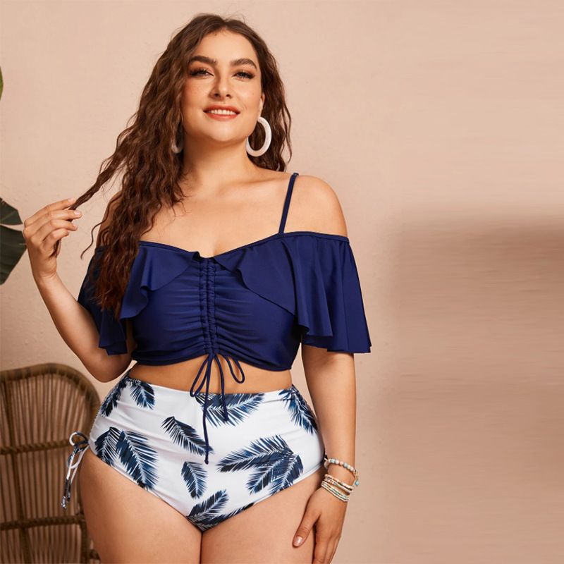 Maillot de bain taille haute pour femmes, fendu, grande taille, avec cordon de serrage, bikini à volants, asymétrique épaule dénudée, bretelles_voghion.com